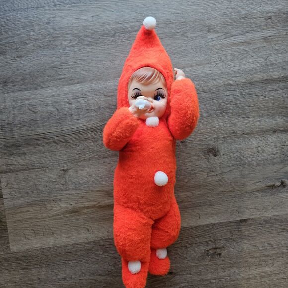 Vintage Rubber Face Plush Baby Doll With Bottle In Red Snow Suit MCM Read - Picture 1 of 11